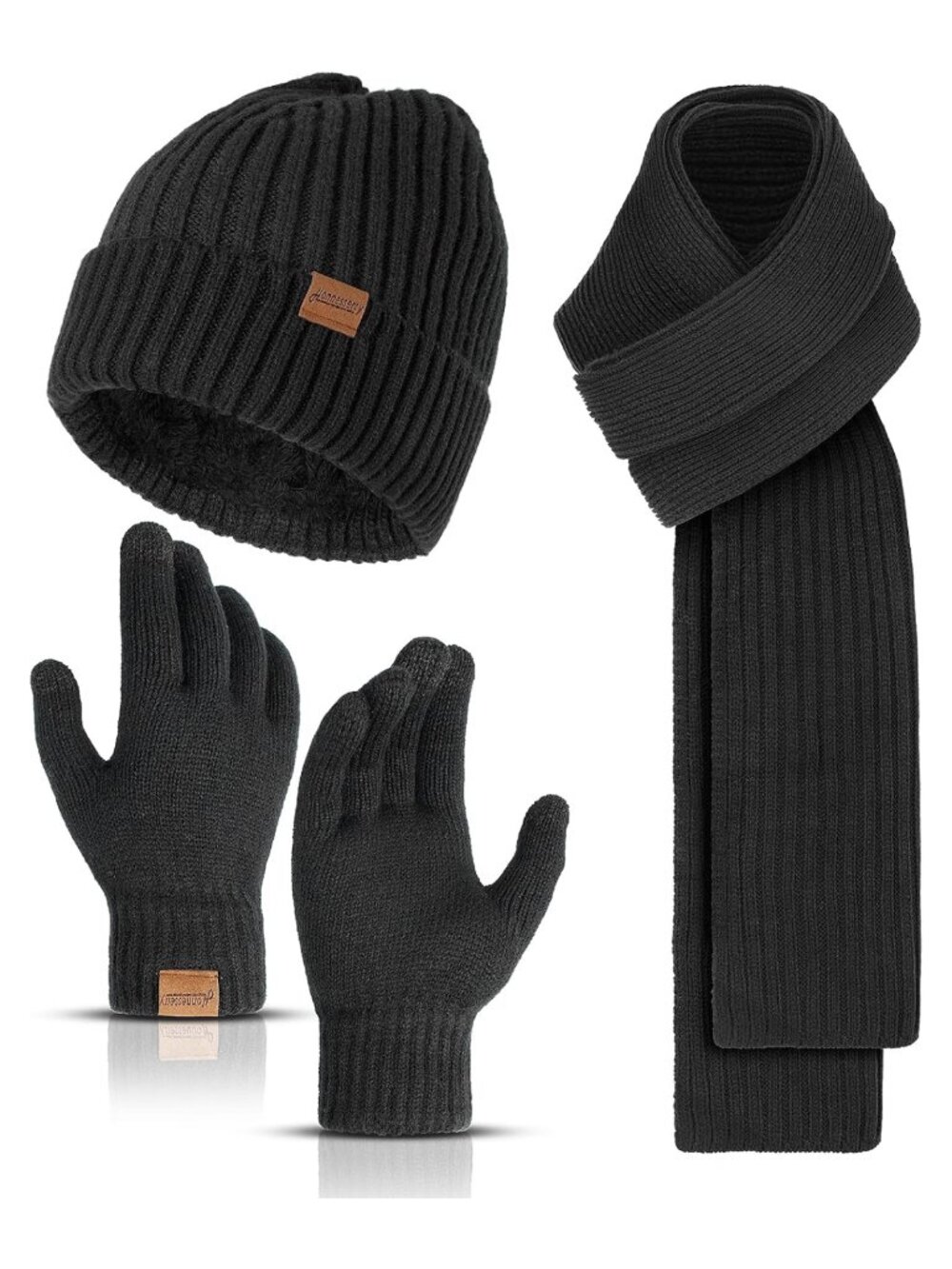 3-Piece Winter Beanie Scarf Touchscreen Gloves Set Acrylic Fleece Lined